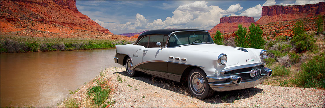 classic buick in canyon panoramic